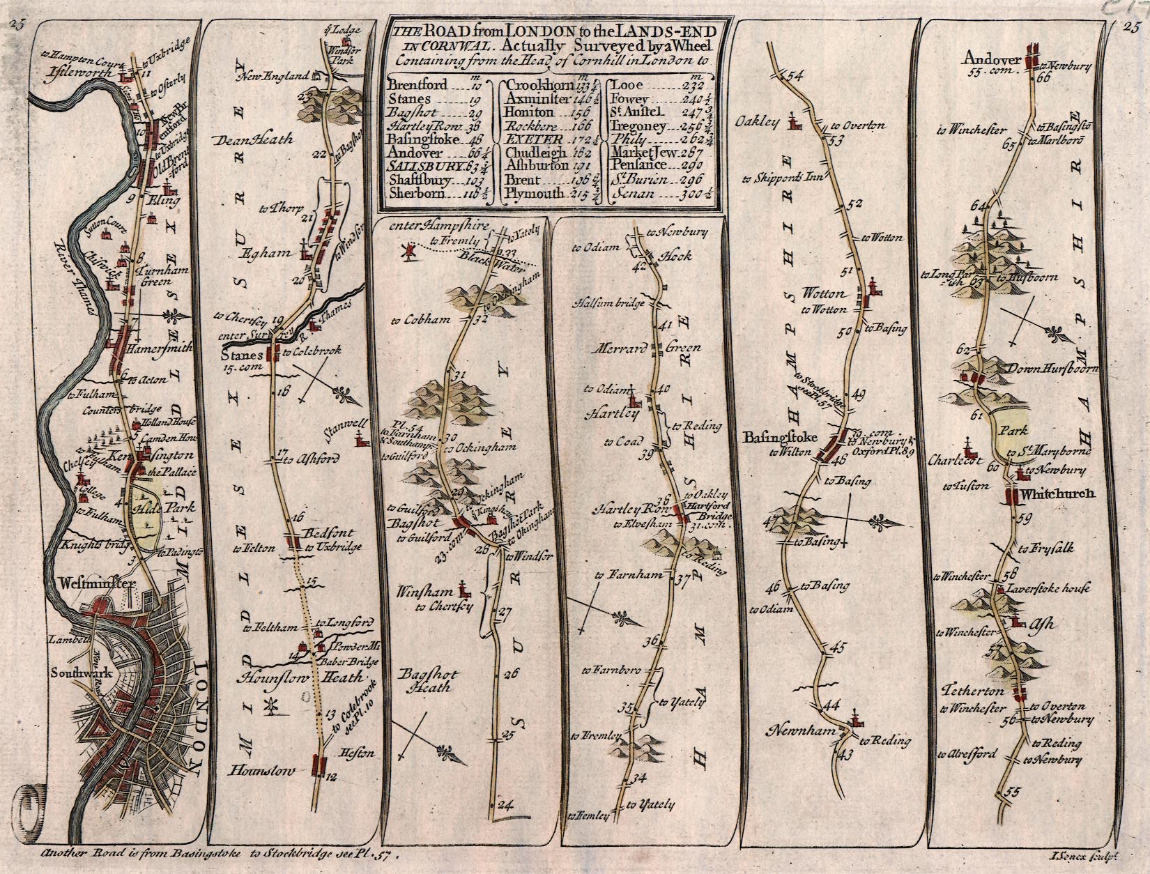 Senex strip map from 1757 showing The Road from London to Land's End, with Hook and Newnham marked on the route through Hampshire