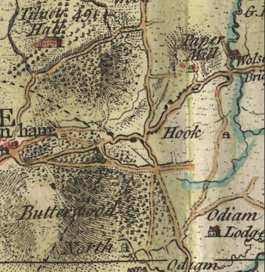 Isaac Taylor's Map of Hampshire from 1759 showing Hook between Newnham and Odiham, with surrounding woodland and the main road